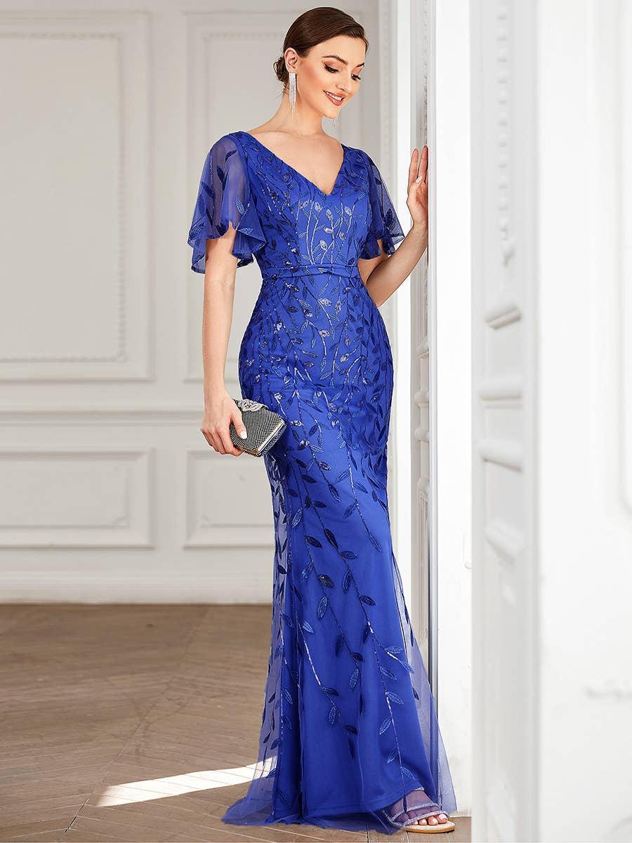 Gorgeous Leaf-Sequined Evening Dress