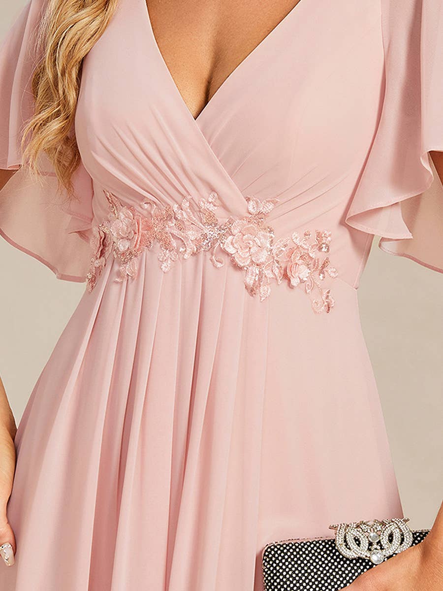 V Neck Appliques Pleated Bridesmaid Dress