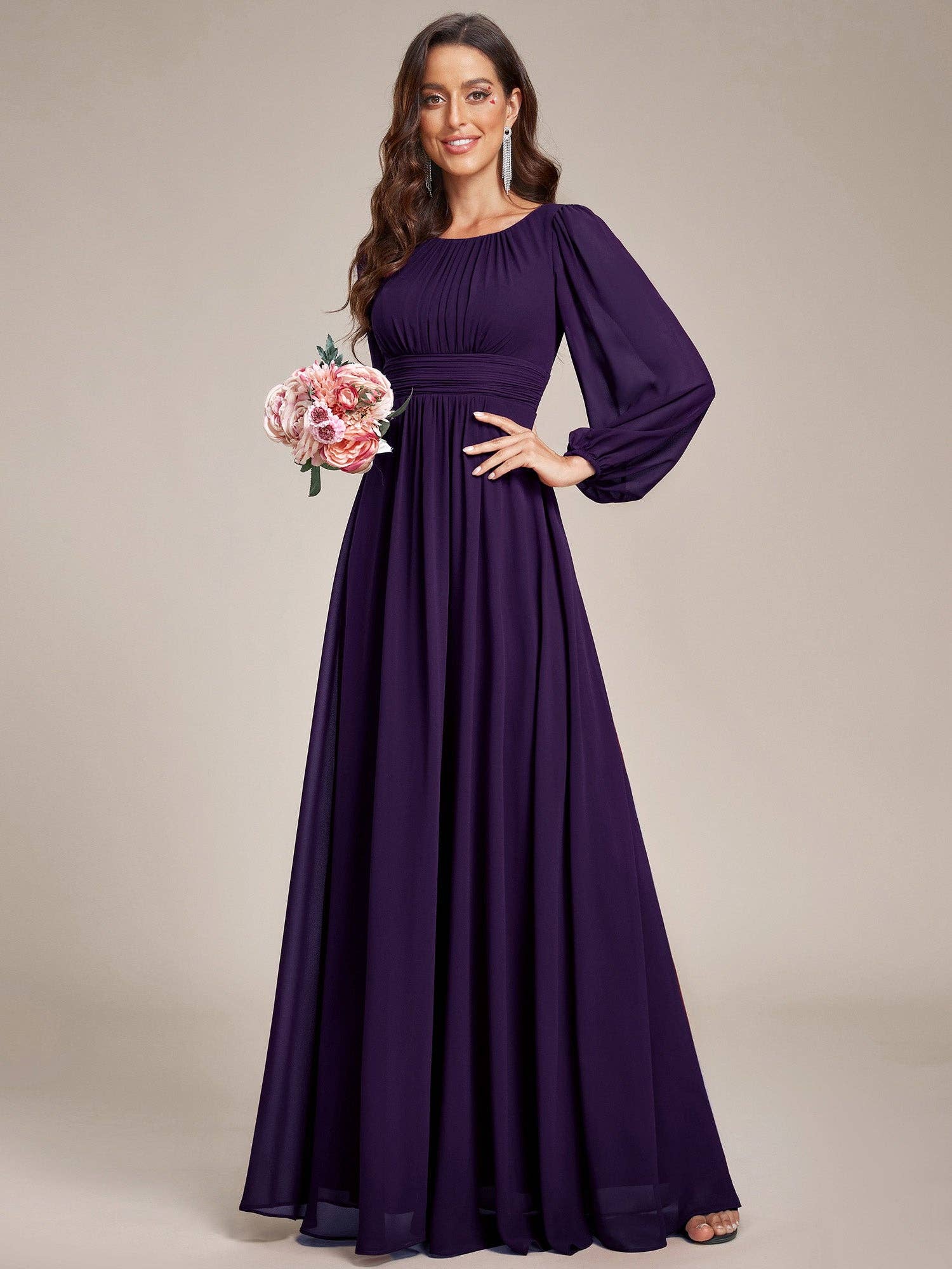 Plus Size Long Lantern Sleeves Round Neck Bridesmaid Dress