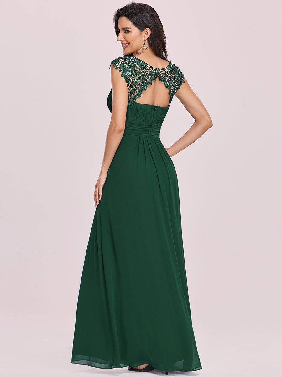 Lacey Neckline Open Back Ruched Bust  Chiffon Evening Dress