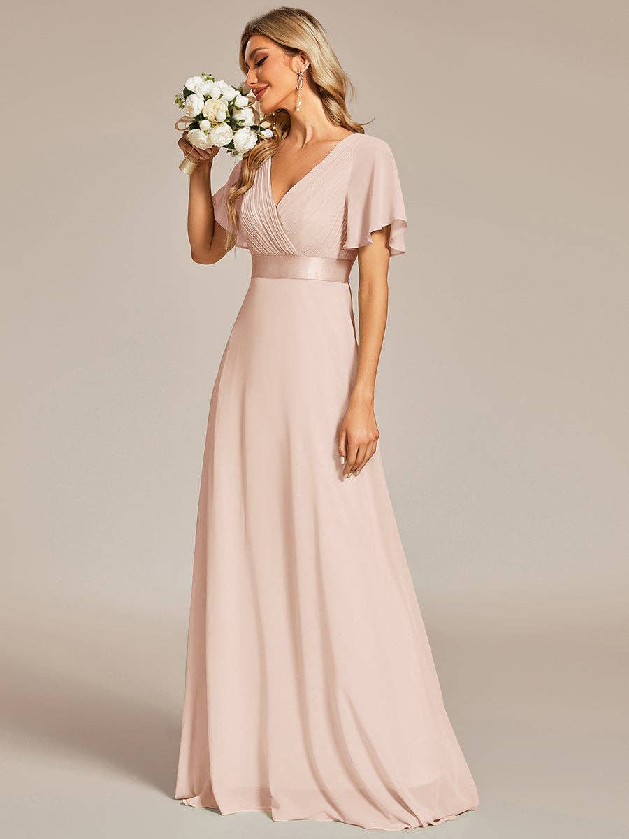 Double V-Neck Ruffles Chiffon Bridesmaid Dress