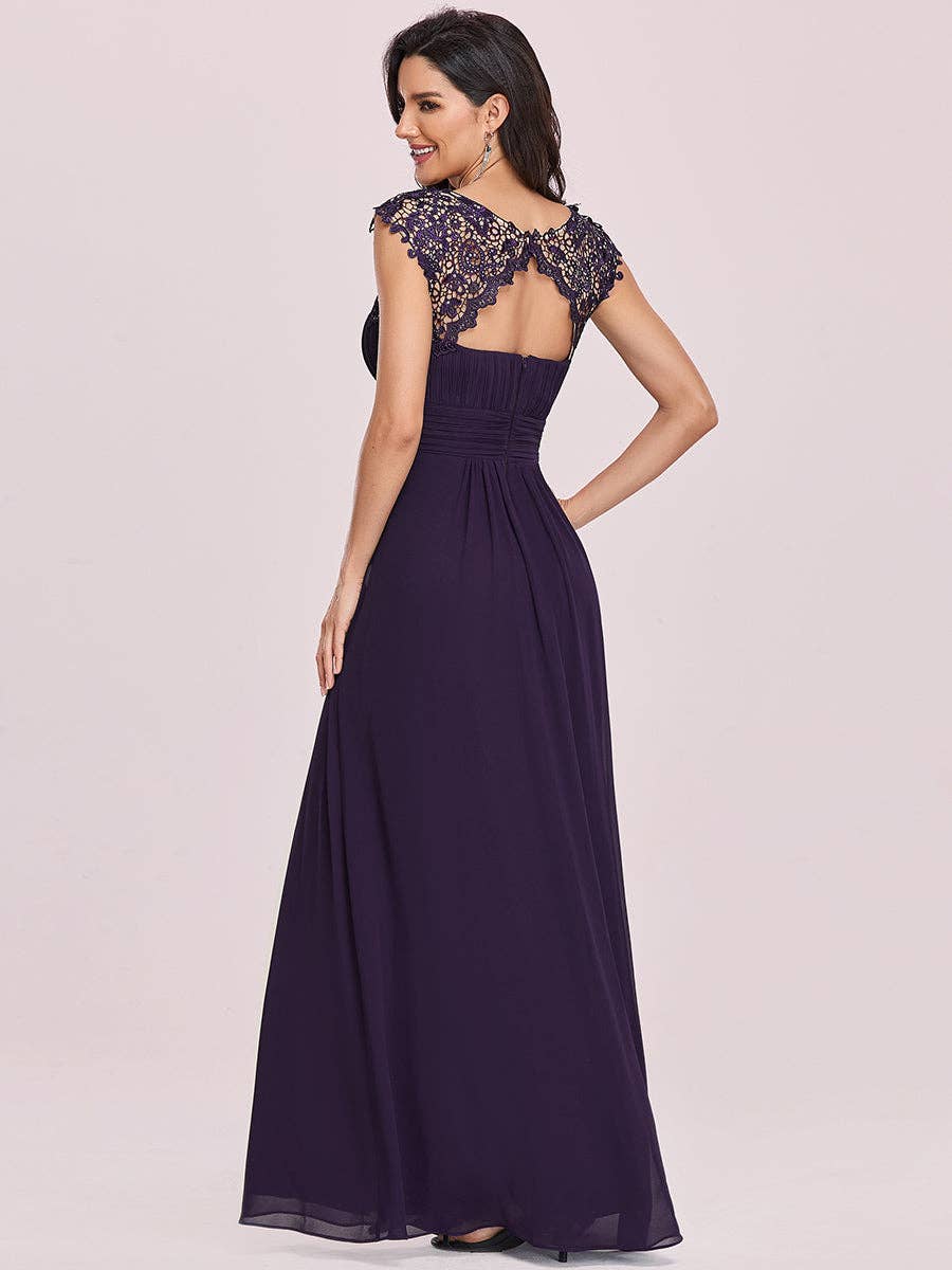 Lacey Neckline Open Back Ruched Bust  Chiffon Evening Dress