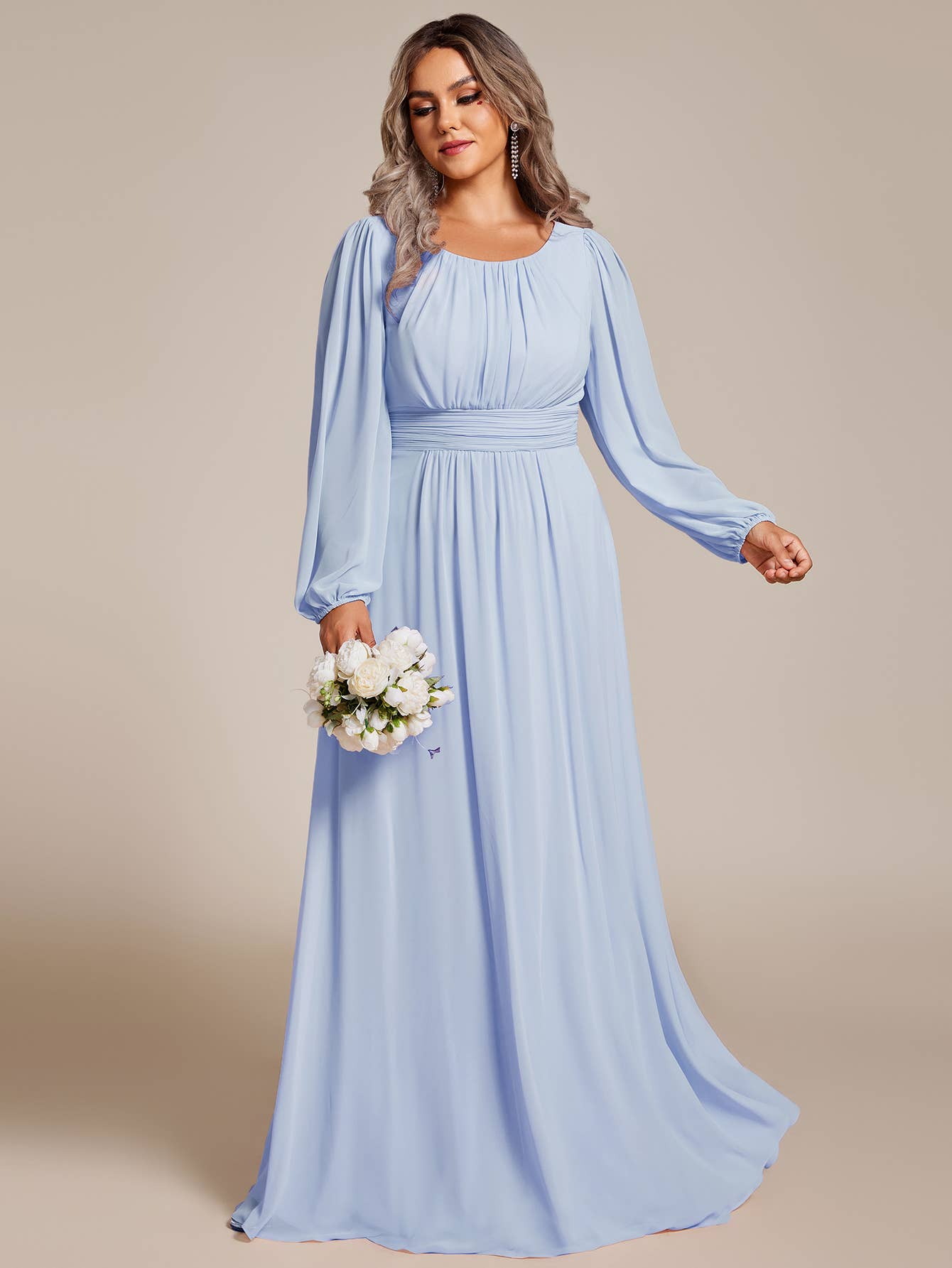 Plus Size Long Lantern Sleeves Round Neck Bridesmaid Dress