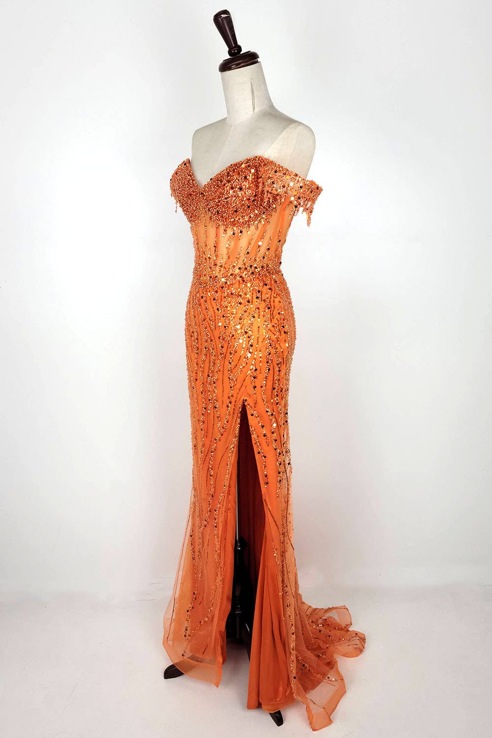 Off the Shoulder Sequin and Bead Long Dress C331