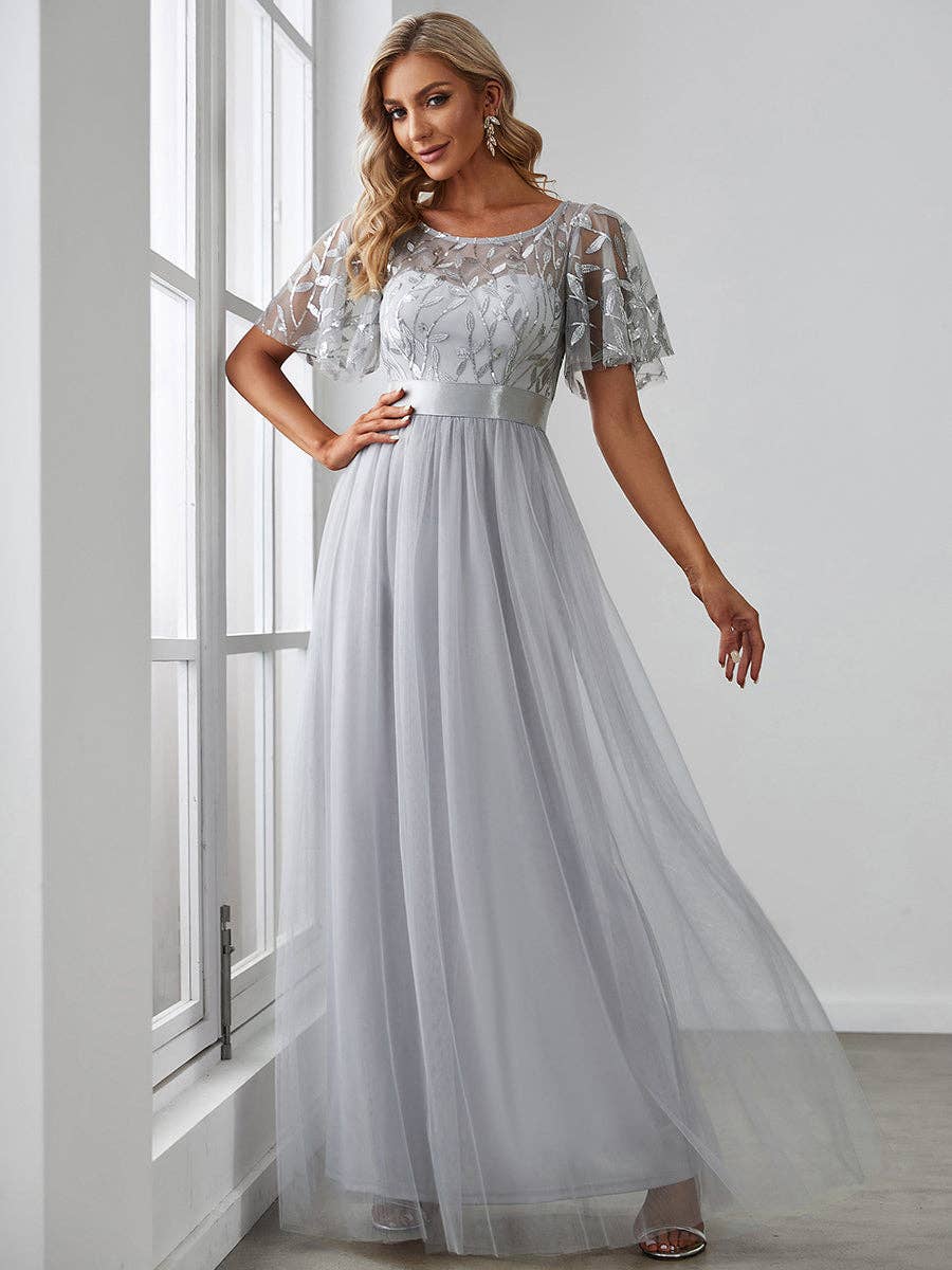 Sequin Print Maxi Long Evening Dresses with Cap Sleeve