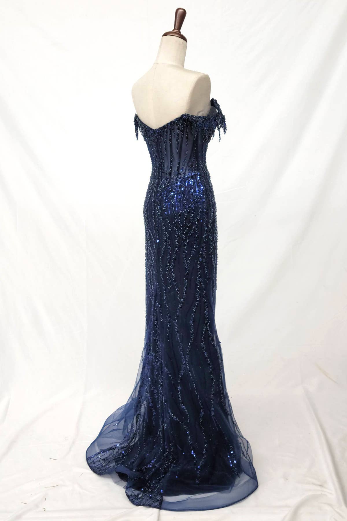 Off the Shoulder Sequin and Bead Long Dress C331