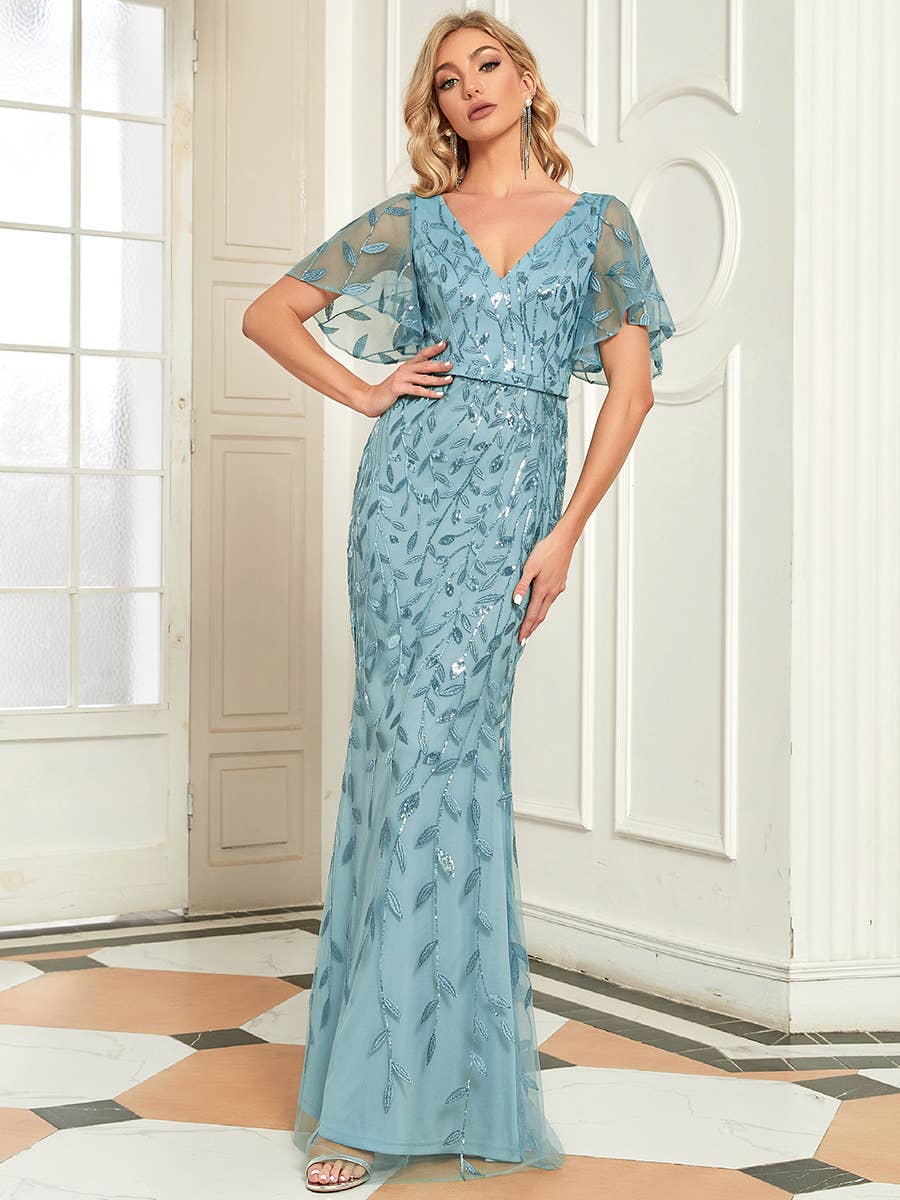 Gorgeous Leaf-Sequined Evening Dress