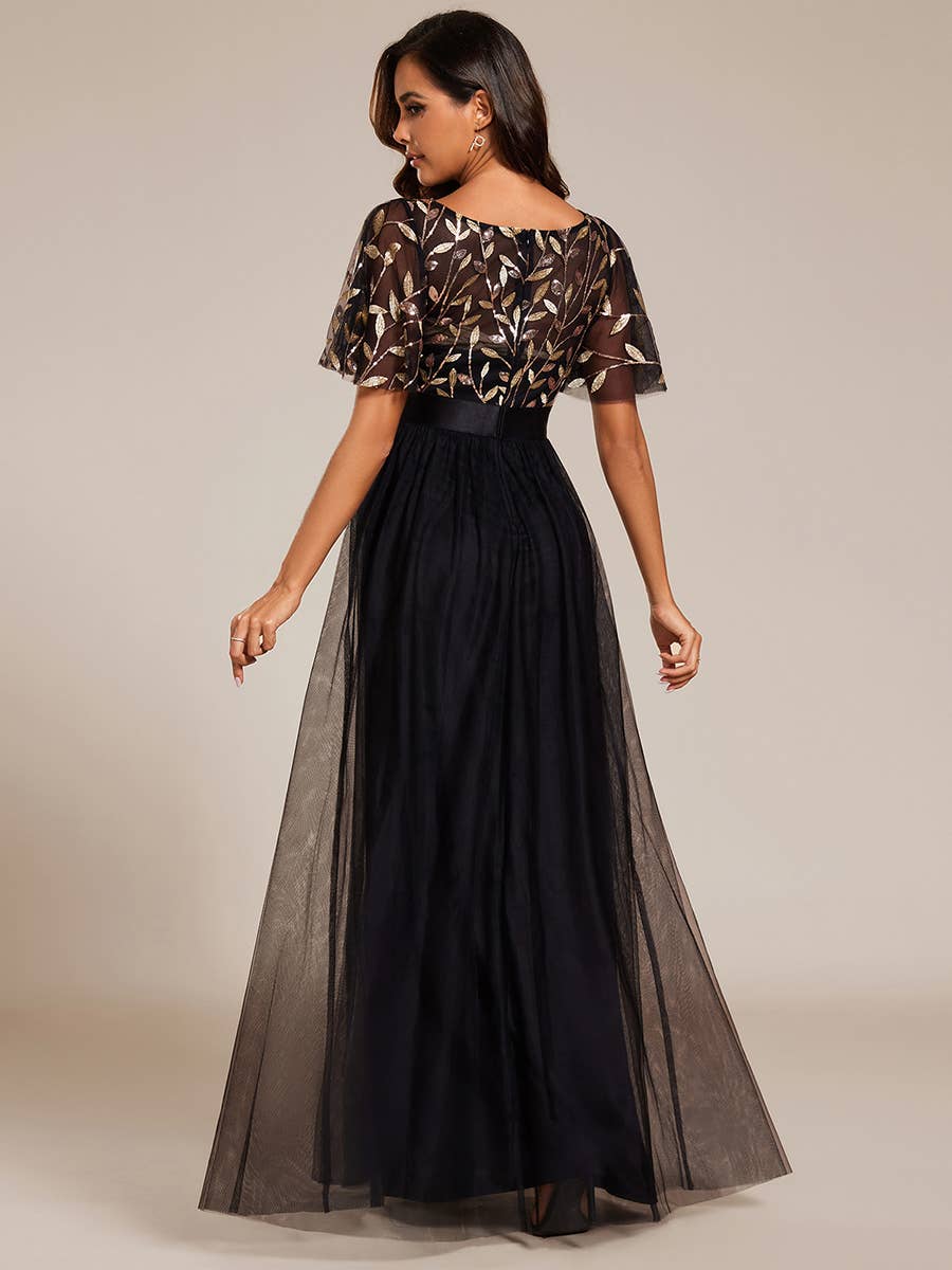 Sequin Print Maxi Long Evening Dresses with Cap Sleeve