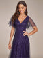 Romantic Shimmery V Neck Ruffle Sleeves Evening Dress