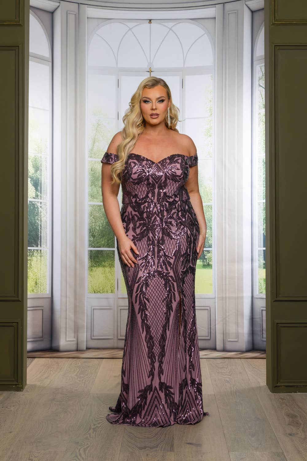 P1013P25-PLUS SIZE SEQUIN OFF SHOULDER MAXI DRESS