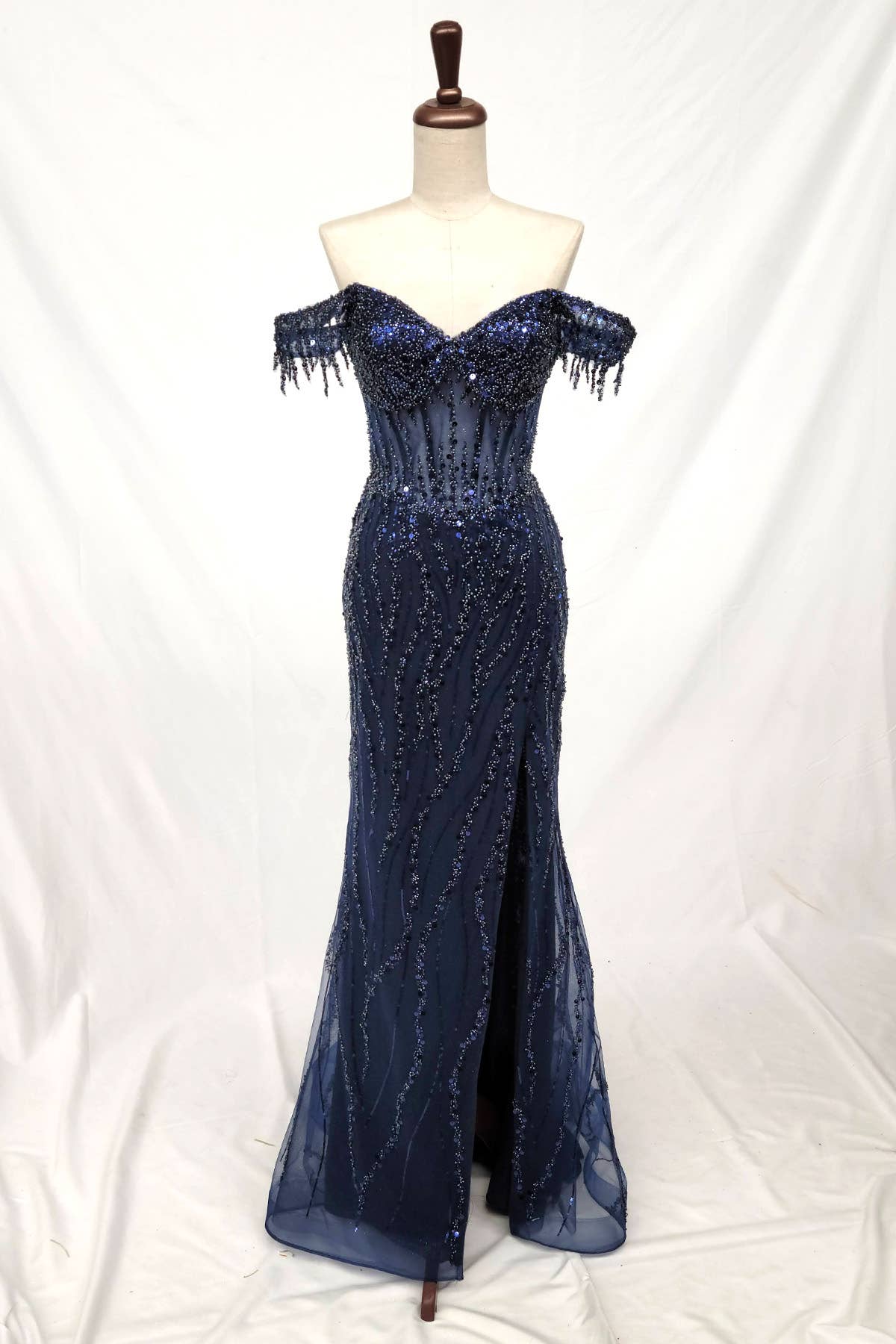 Off the Shoulder Sequin and Bead Long Dress C331