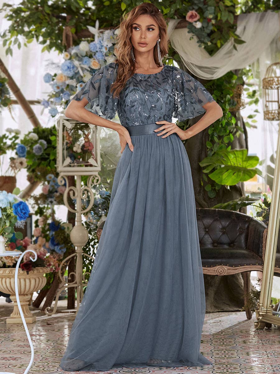 Sequin Print Maxi Long Evening Dresses with Cap Sleeve