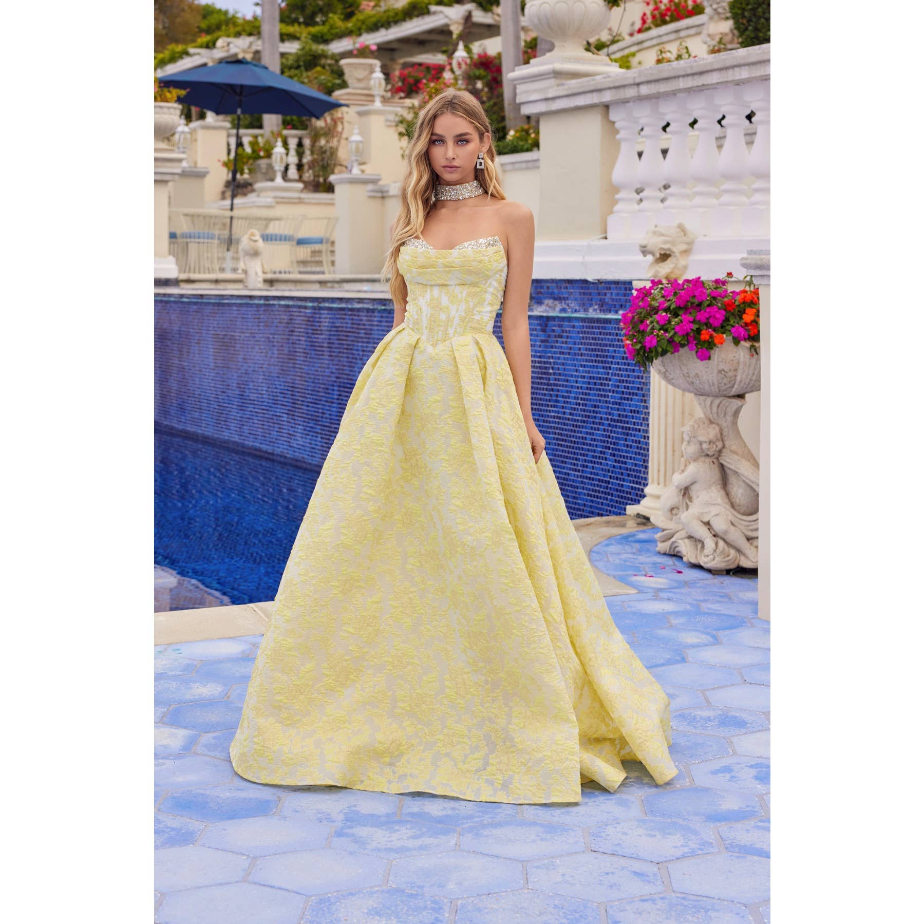 JACQUARD STRAPLESS BALL GOWN WITH STRUCTURED CORSET BODICE A