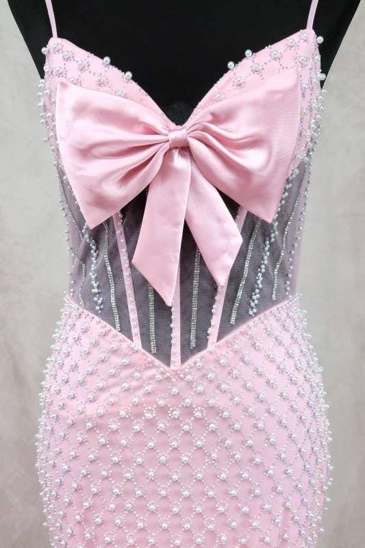 Long Dress With Bow, Pearls And Jewel Rhinestones C848