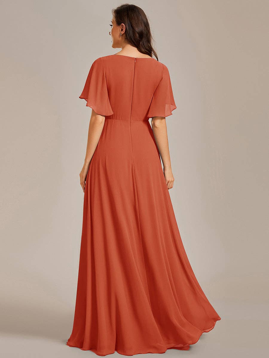 V Neck Appliques Pleated Bridesmaid Dress