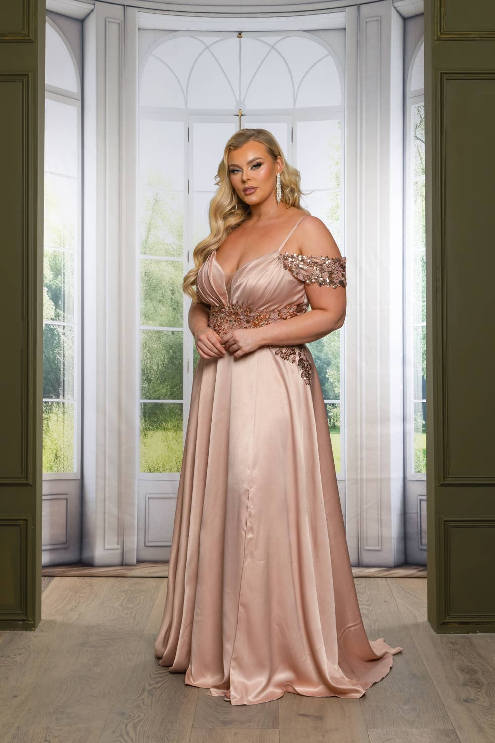 P7536-PLUS SATIN A LINE MAXI DRESS WITH SEQUINS AND BEADING