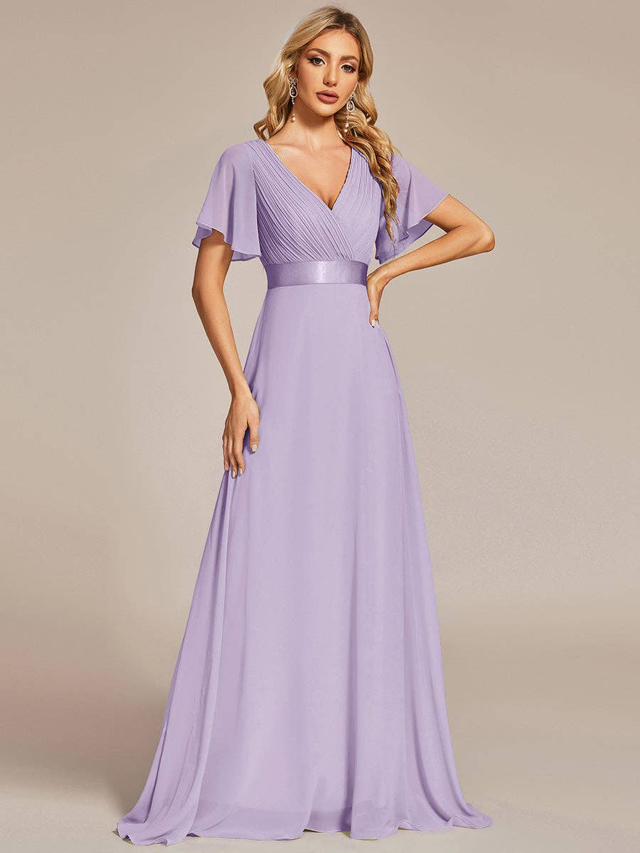 Double V-Neck Ruffles Chiffon Bridesmaid Dress