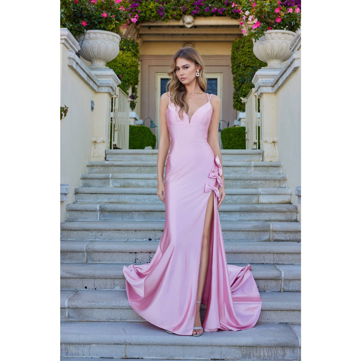 STRAPLESS CORSET GOWN WITH RUCHING AND SLIT