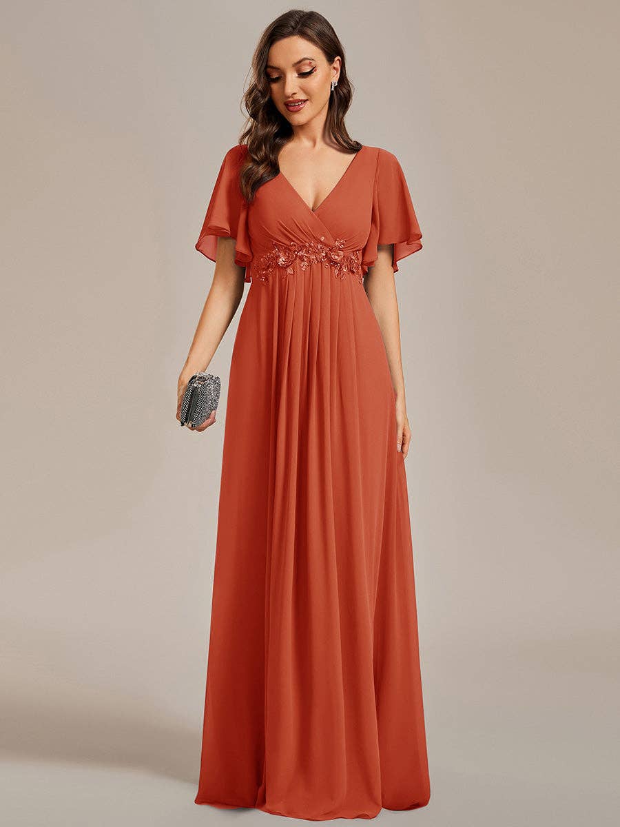 V Neck Appliques Pleated Bridesmaid Dress