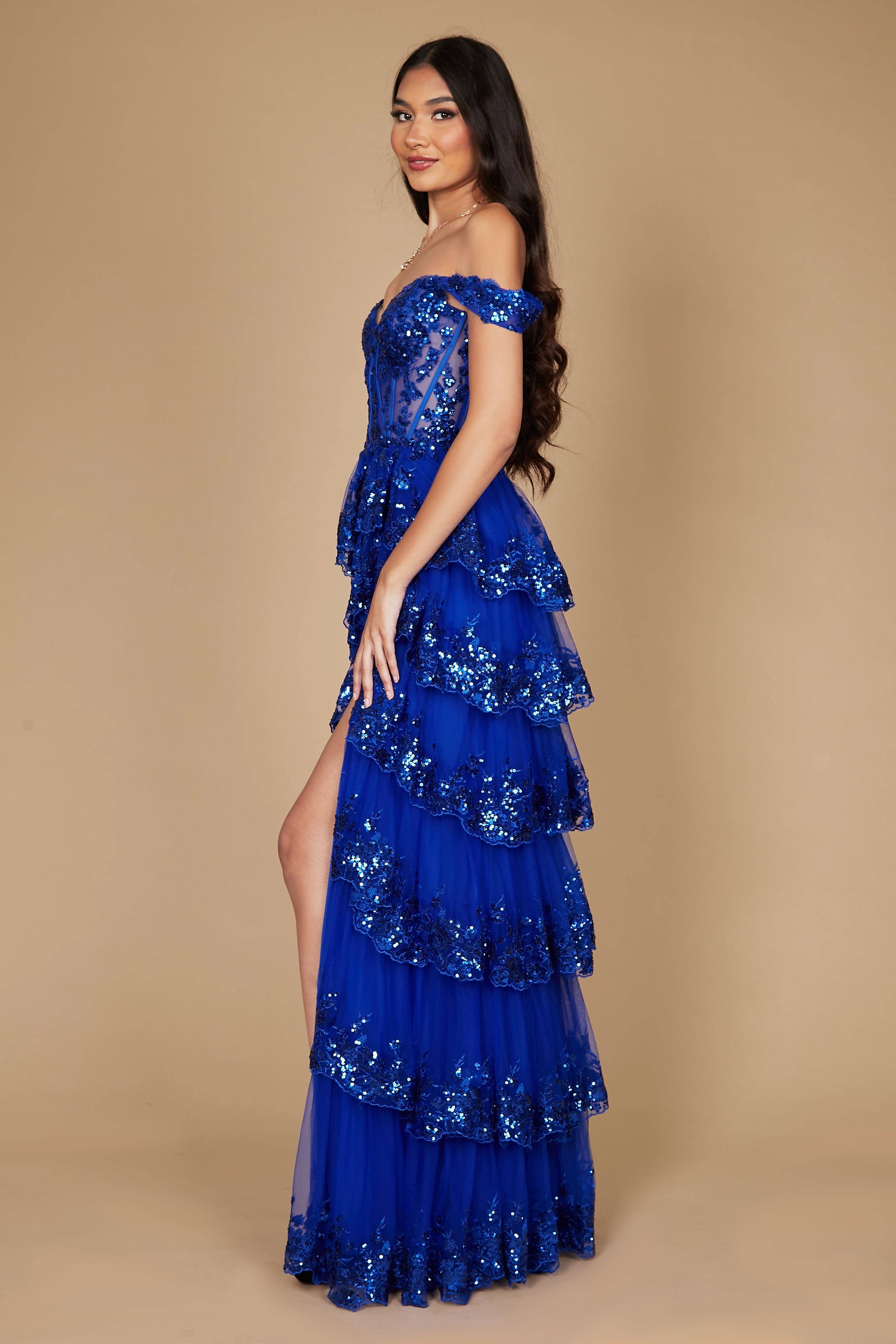 Tiered Prom Dress Off Shoulder Floral Lace with Shimmer