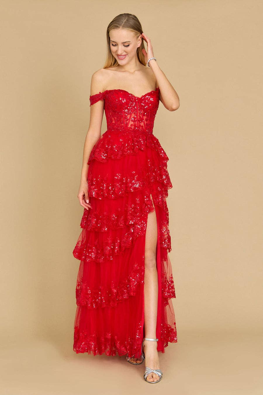 Tiered Prom Dress Off Shoulder Floral Lace with Shimmer