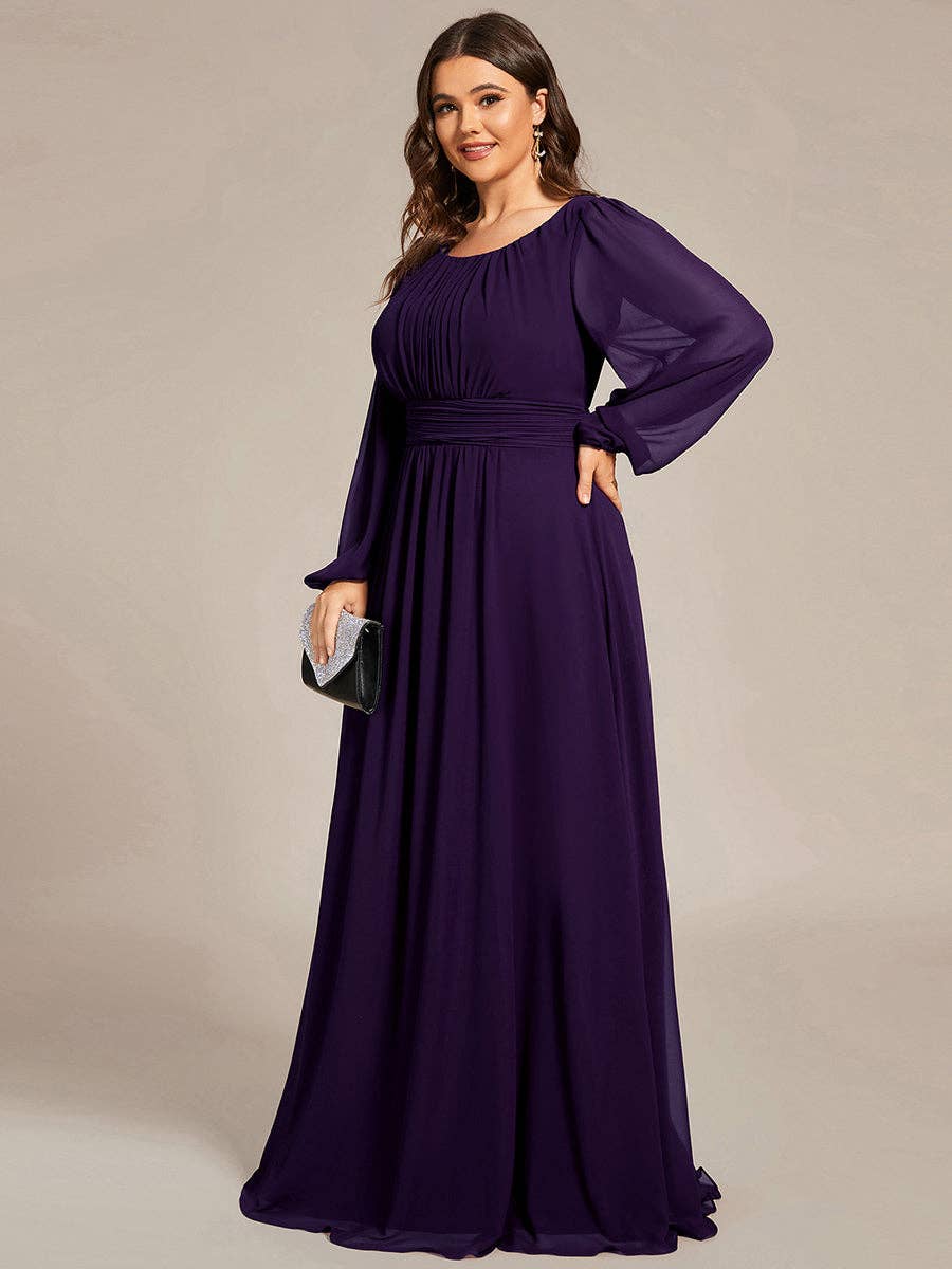 Plus Size Long Lantern Sleeves Round Neck Bridesmaid Dress