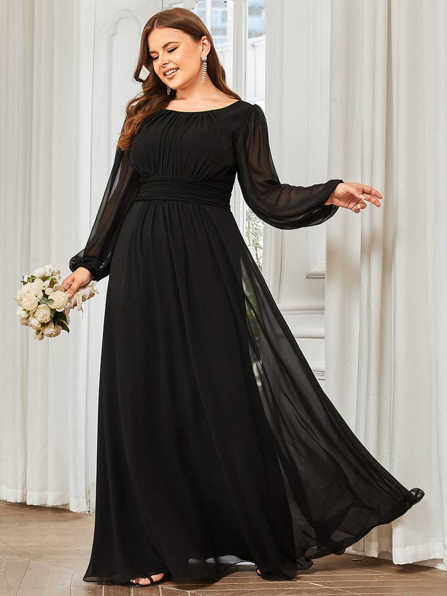 Plus Size Long Lantern Sleeves Round Neck Bridesmaid Dress