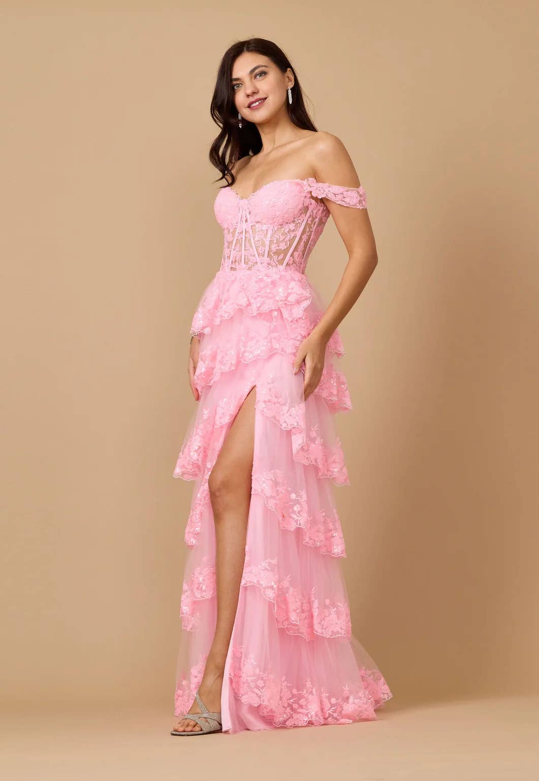 Tiered Prom Dress Off Shoulder Floral Lace with Shimmer