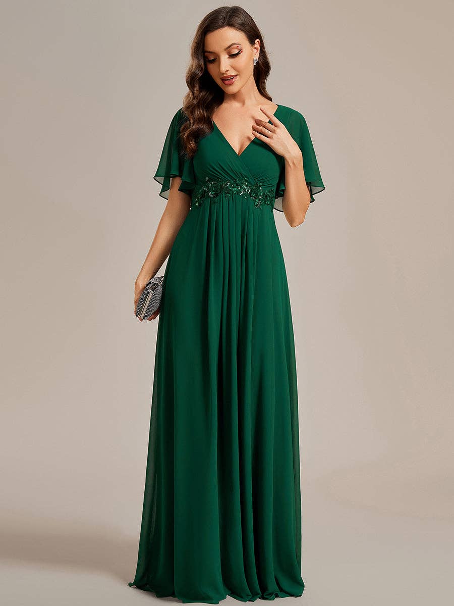 V Neck Appliques Pleated Bridesmaid Dress