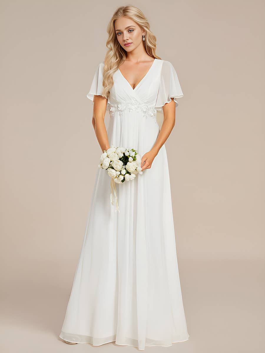 V Neck Appliques Pleated Bridesmaid Dress