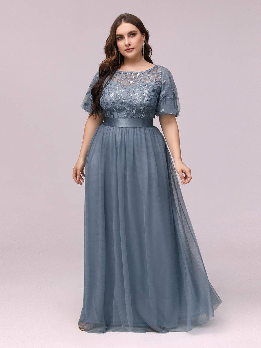 Sequin Print Maxi Long Evening Dresses with Cap Sleeve