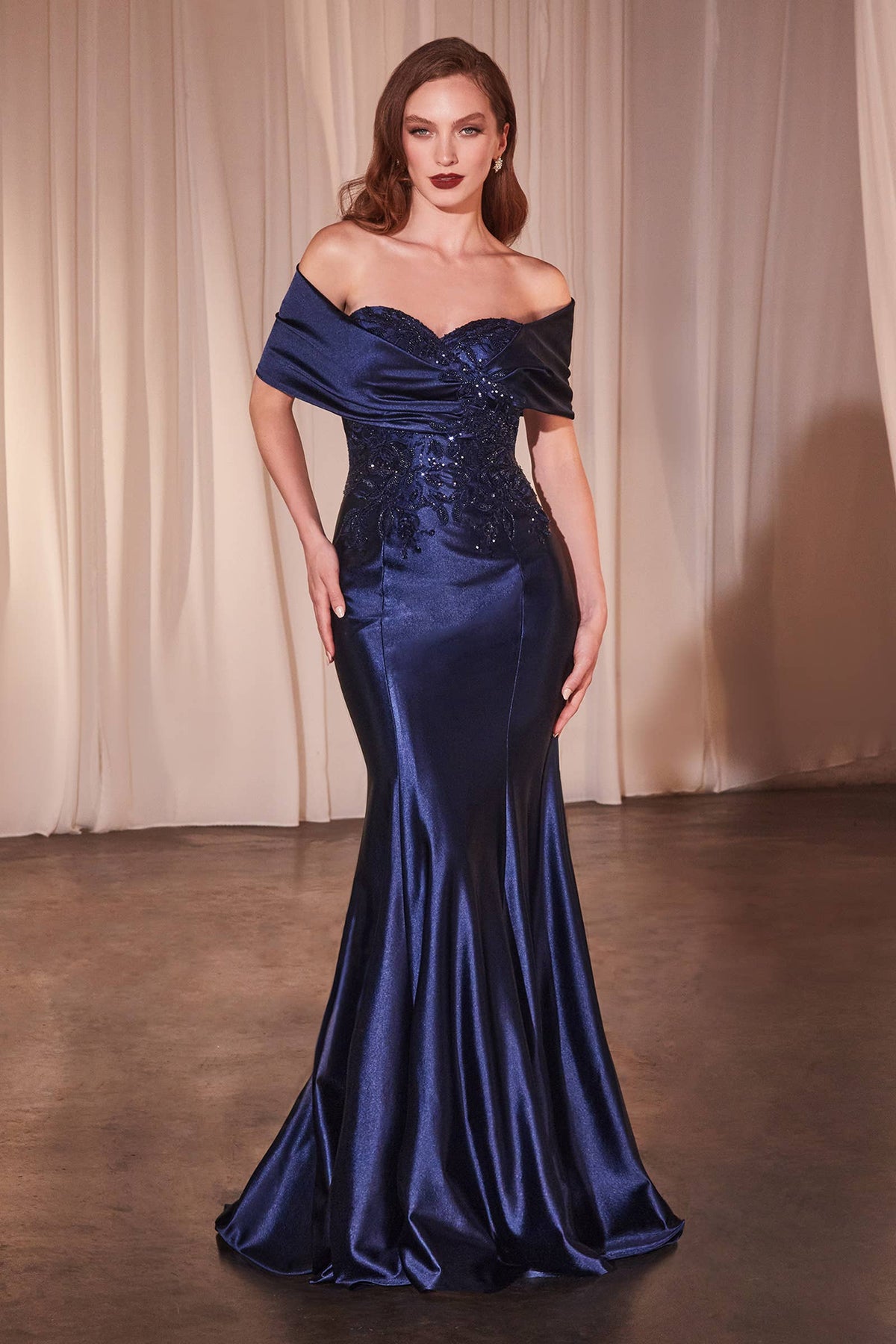 SATIN OFF THE SHOULDER FITTED DRESS WITH LACE APPLIQUE