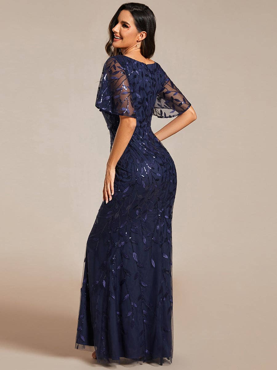 Gorgeous Leaf-Sequined Evening Dress
