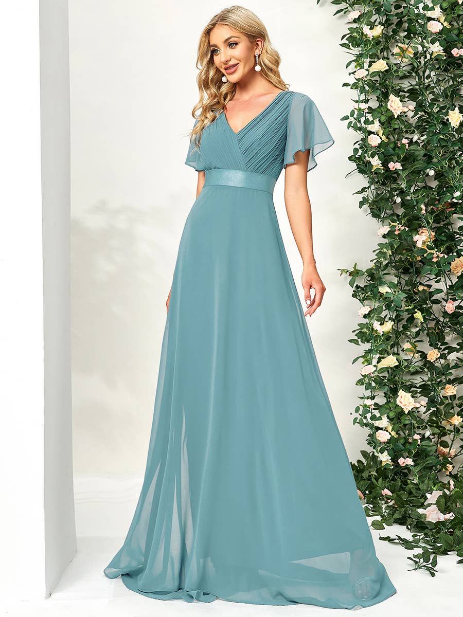 Double V-Neck Ruffles Chiffon Bridesmaid Dress
