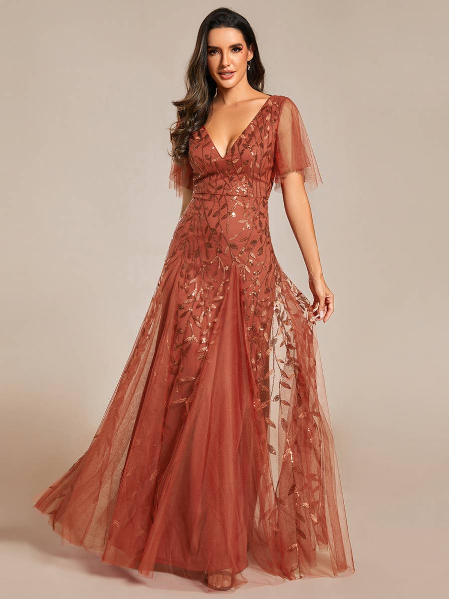 Romantic Shimmery V Neck Ruffle Sleeves Evening Dress