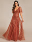 Romantic Shimmery V Neck Ruffle Sleeves Evening Dress
