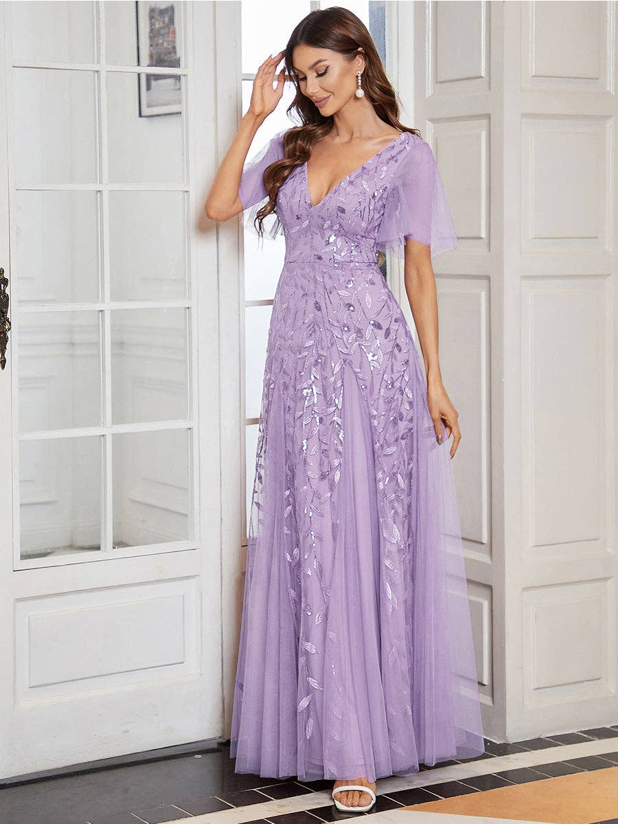 Romantic Shimmery V Neck Ruffle Sleeves Evening Dress