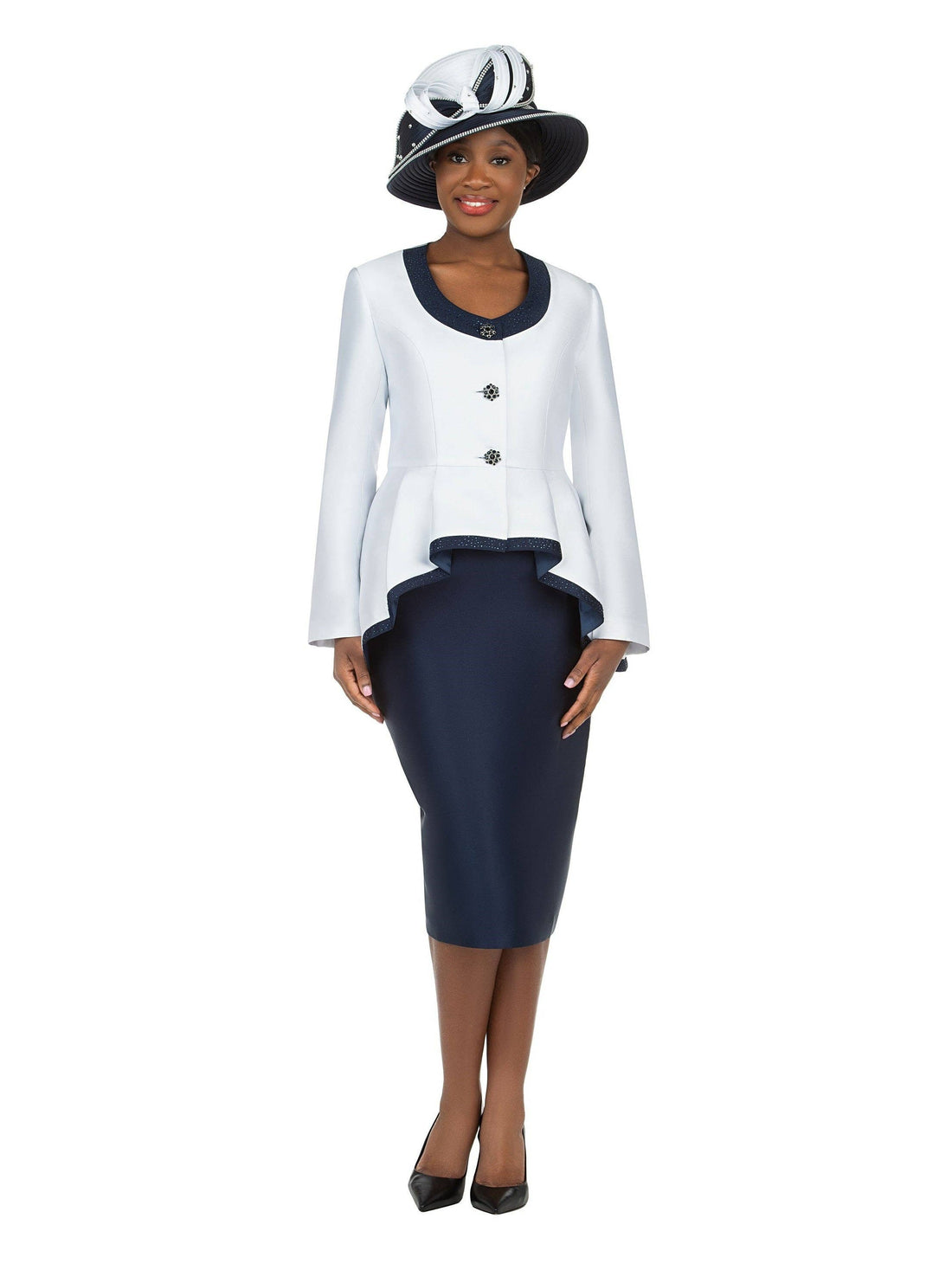 2pc Silky Twill Round Neck Uneven Peplum Suit-Plus