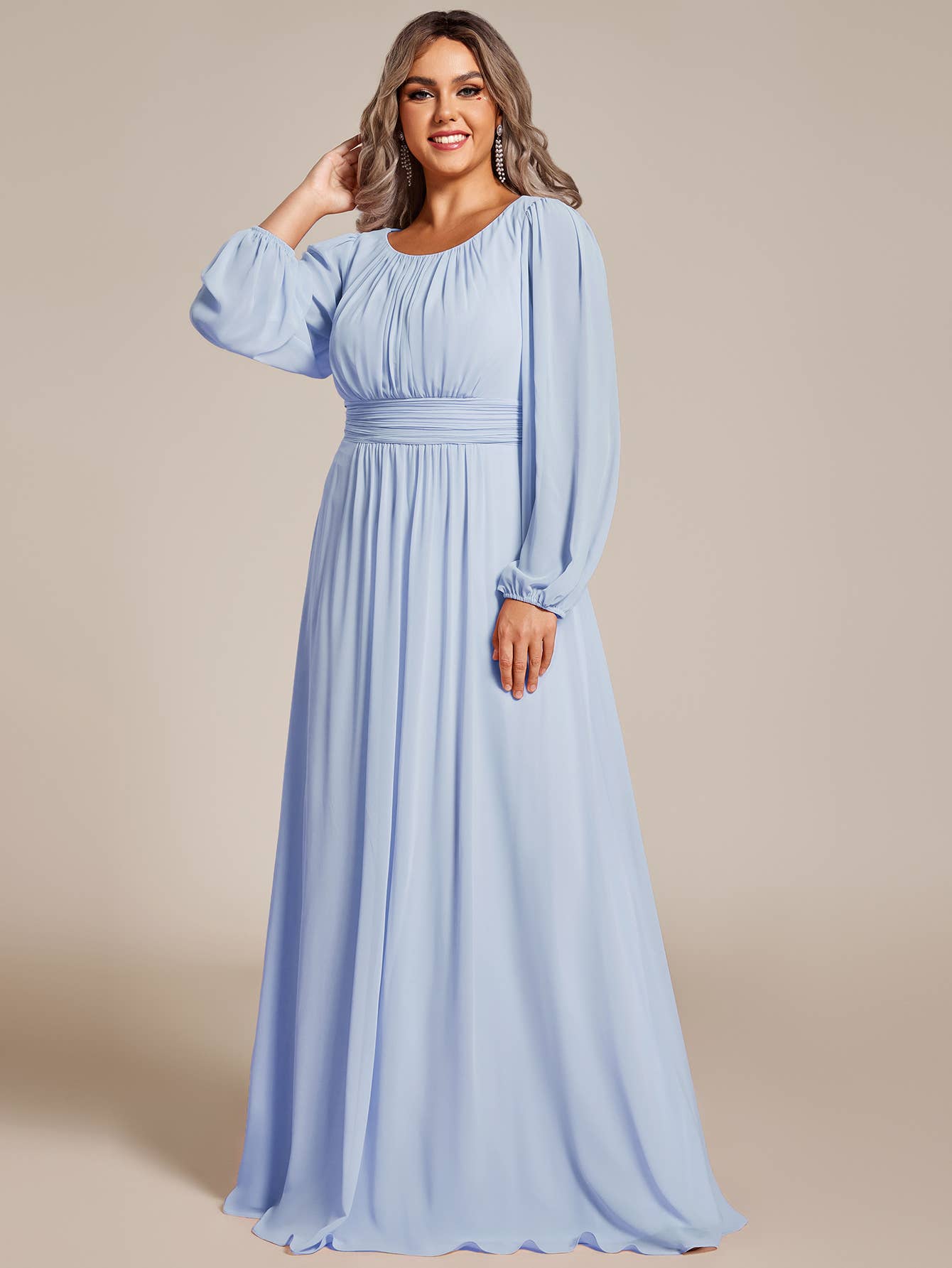 Plus Size Long Lantern Sleeves Round Neck Bridesmaid Dress