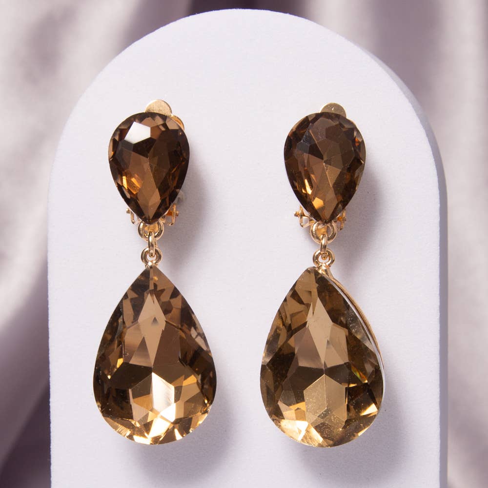 Two-Tier Teardrop-Cut Crystal Dangle Clip-On Earrings