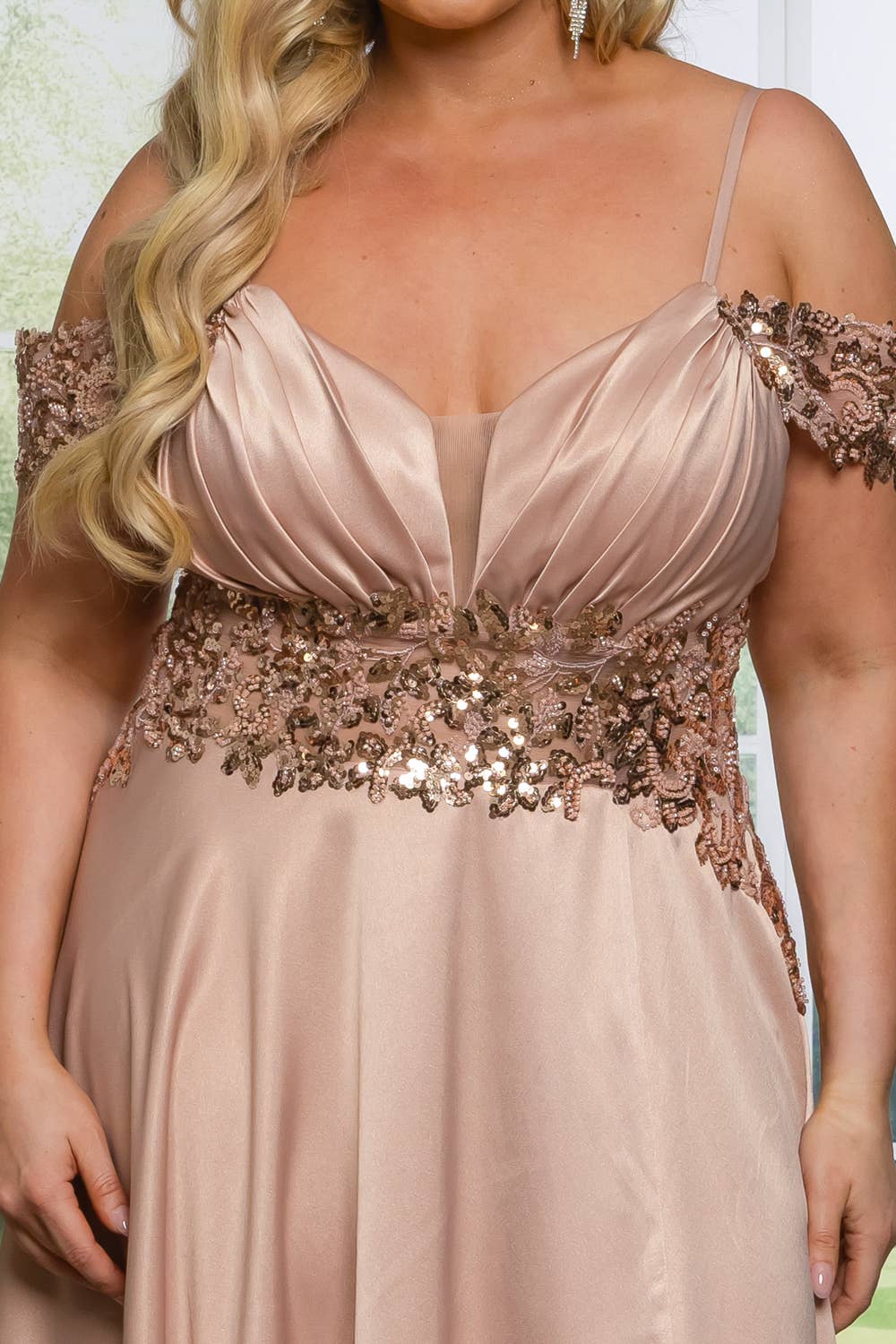 P7536-PLUS SATIN A LINE MAXI DRESS WITH SEQUINS AND BEADING