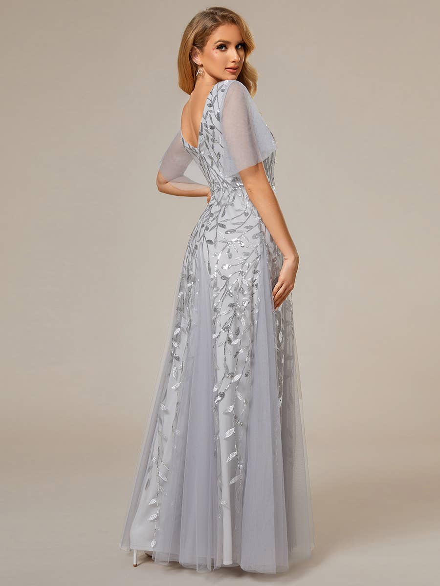 Romantic Shimmery V Neck Ruffle Sleeves Evening Dress
