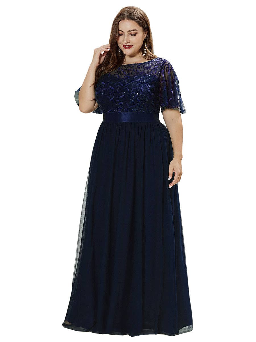 Sequin Print Maxi Long Evening Dresses with Cap Sleeve
