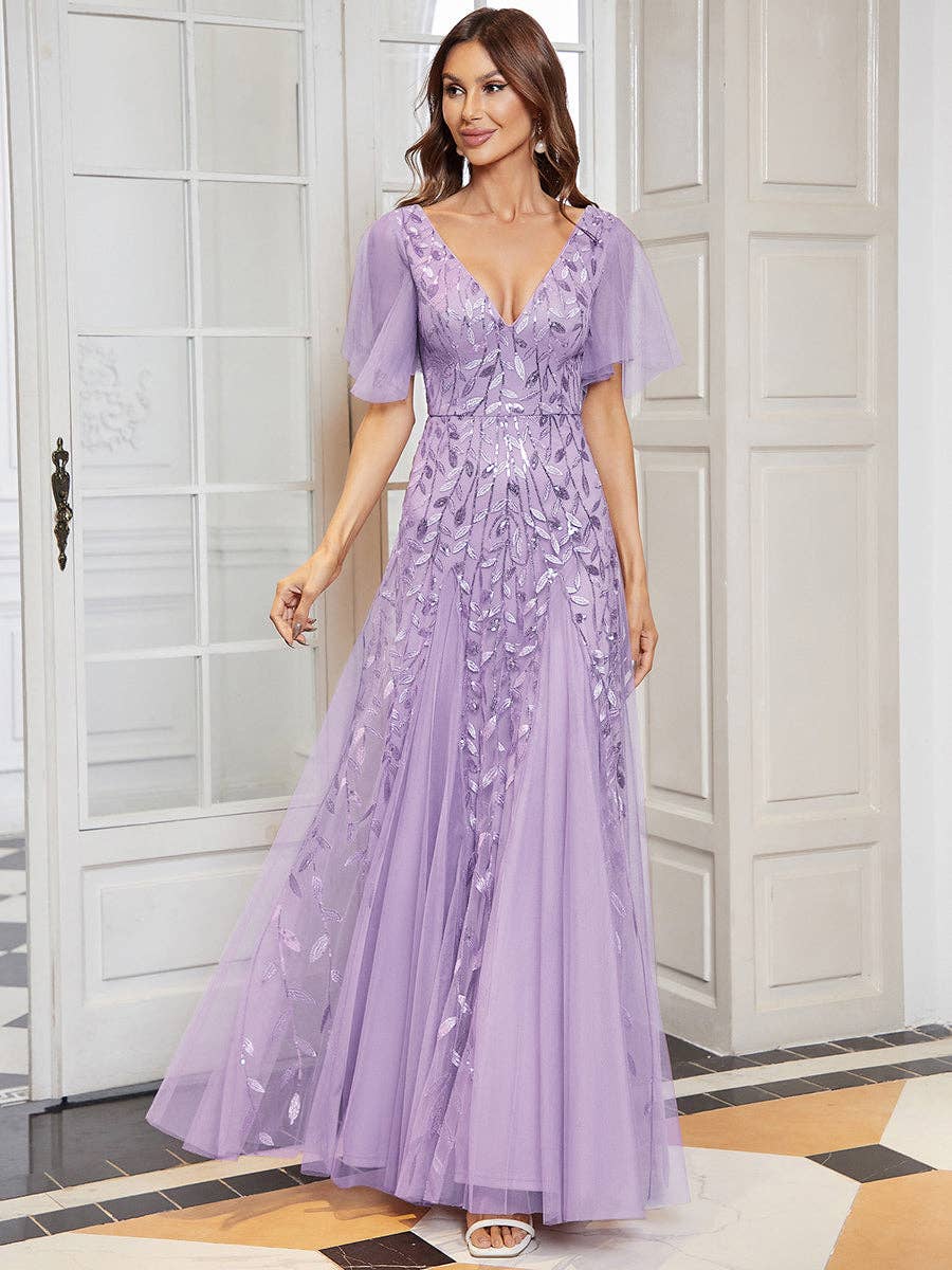 Romantic Shimmery V Neck Ruffle Sleeves Evening Dress
