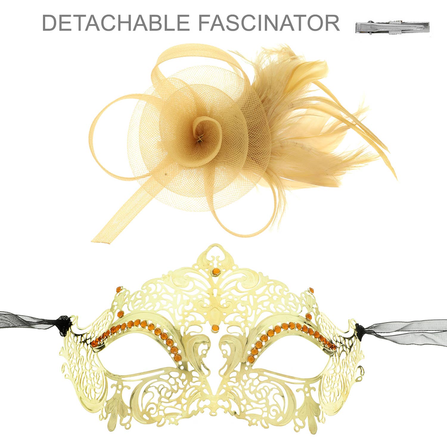Crystal Rhinestone Masquerade Mask with Detached Fascinator