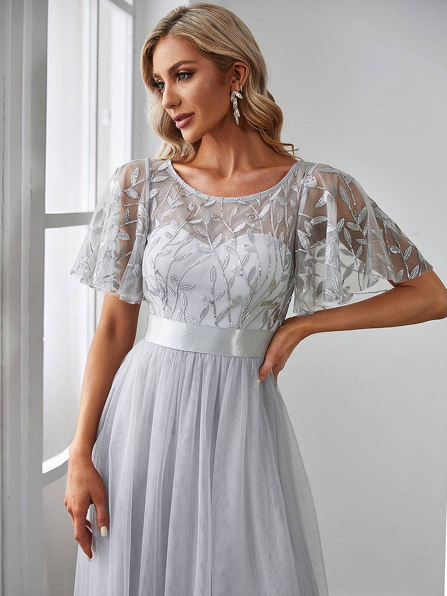 Sequin Print Maxi Long Evening Dresses with Cap Sleeve