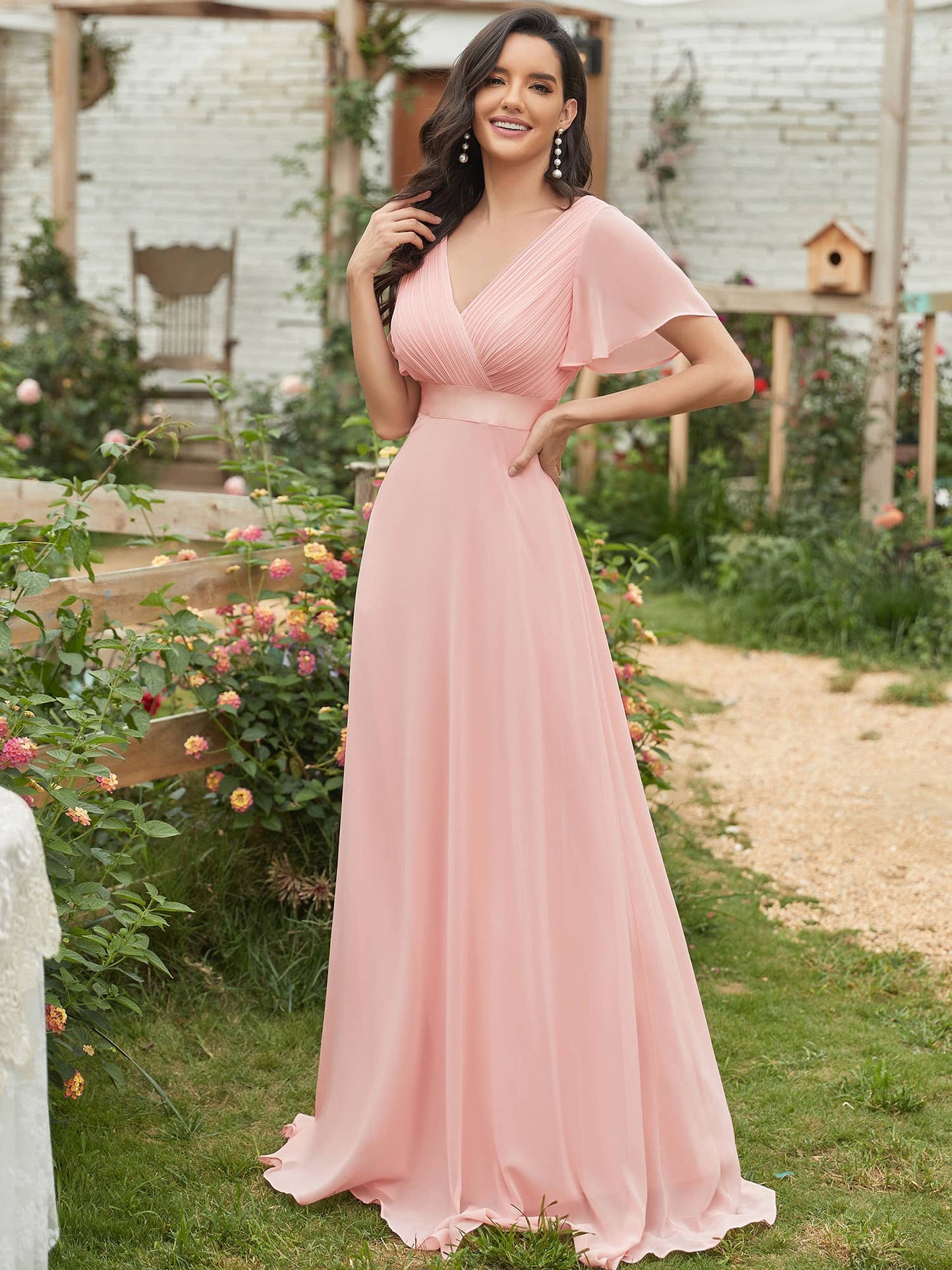 Double V-Neck Ruffles Chiffon Bridesmaid Dress
