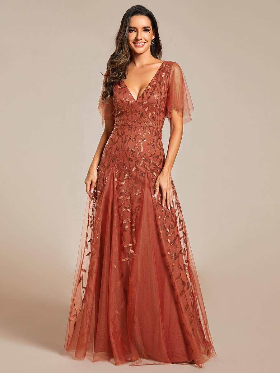 Romantic Shimmery V Neck Ruffle Sleeves Evening Dress