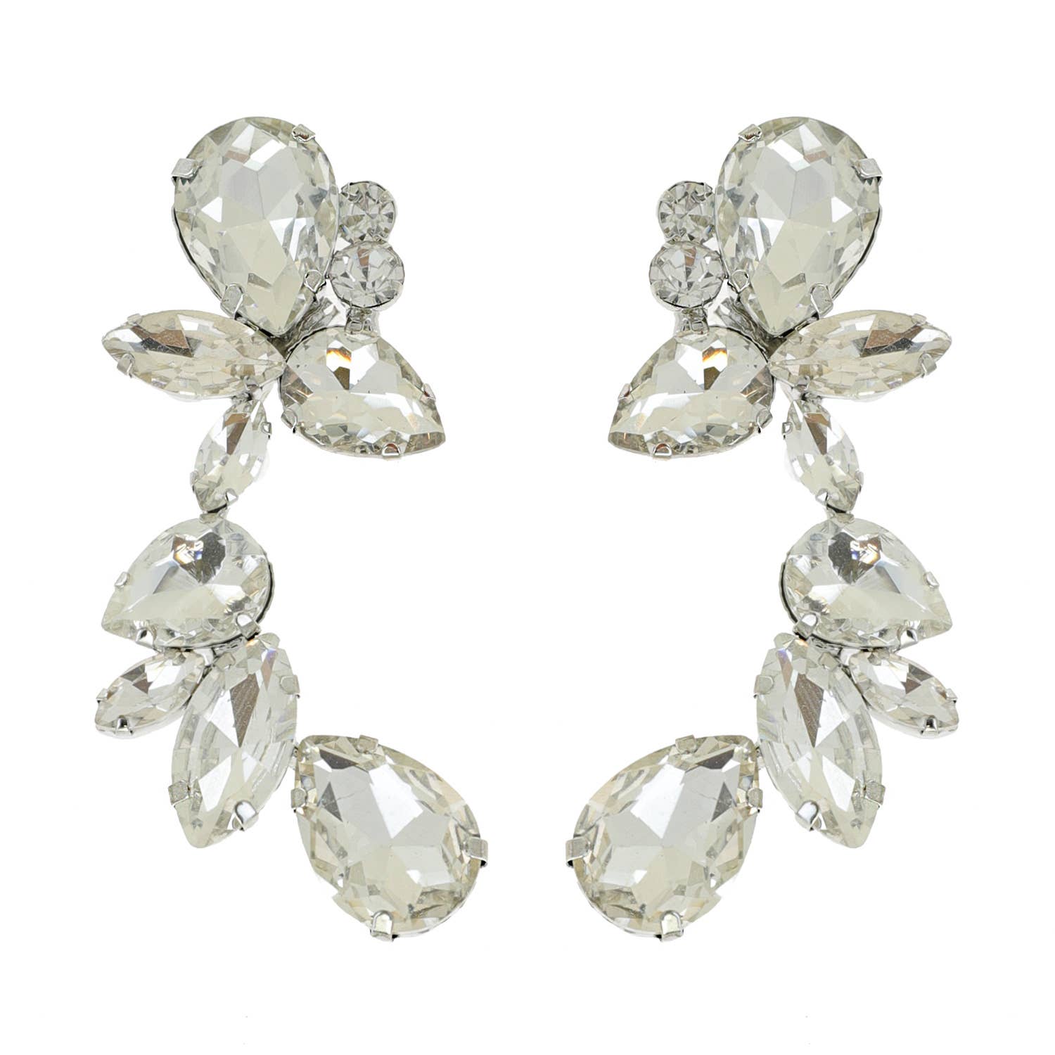 Leaf & Droplet Cut Curved Rhinestone Cluster Drop Earrings