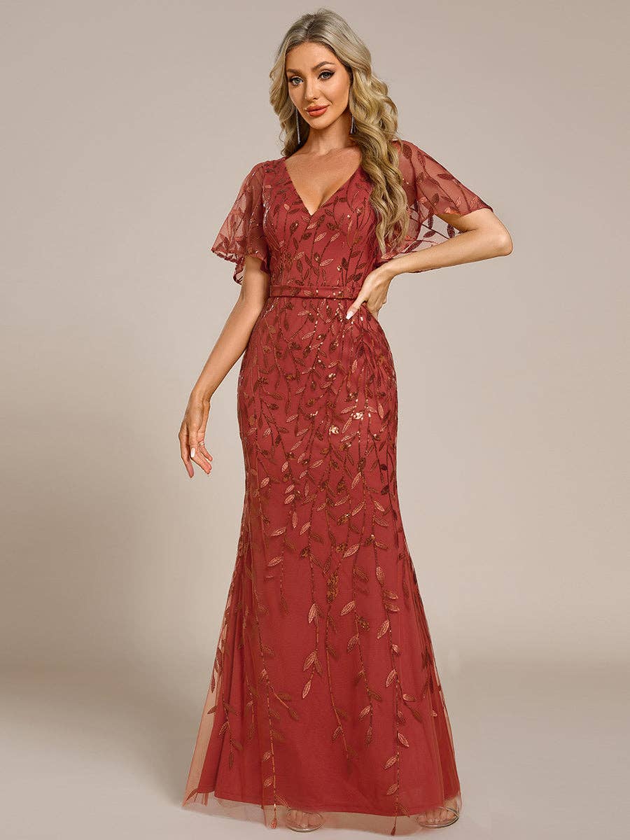 Gorgeous Leaf-Sequined Evening Dress
